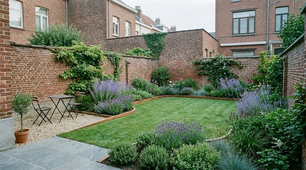 Un photographie d'un jardin urbain riche en végétation entouré de murs de brique